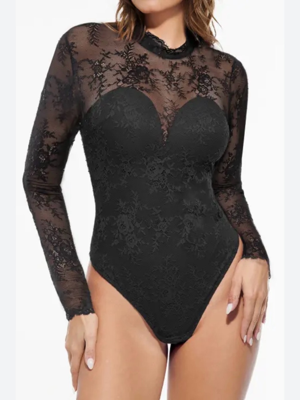 Shapewear Mock Neck Long Sleeve Floral Lace Bodysuit